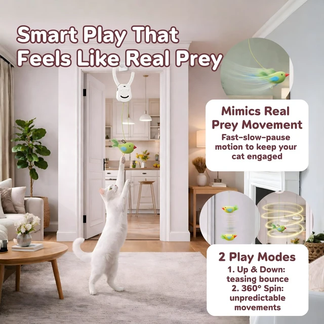 Alt view image 4 of 7 - Interactive Cat Toys for Indoor Cats - 2 Motion Modes (360° Spin & Irregular Jumping), with Bird&Mouse attachments, USB Rechargeable Door Hanging Toy - for Kittens Adult Multi-Cats Households