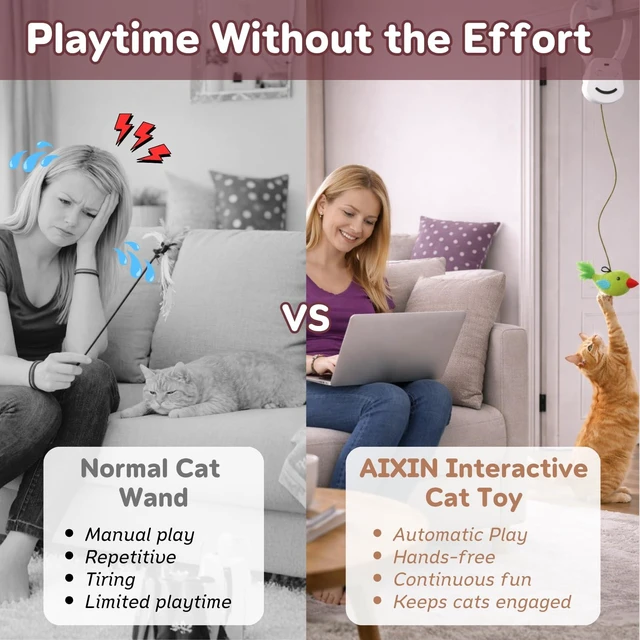 Alt view image 5 of 7 - Interactive Cat Toys for Indoor Cats - 2 Motion Modes (360° Spin & Irregular Jumping), with Bird&Mouse attachments, USB Rechargeable Door Hanging Toy - for Kittens Adult Multi-Cats Households