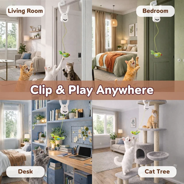 Alt view image 7 of 7 - Interactive Cat Toys for Indoor Cats - 2 Motion Modes (360° Spin & Irregular Jumping), with Bird&Mouse attachments, USB Rechargeable Door Hanging Toy - for Kittens Adult Multi-Cats Households