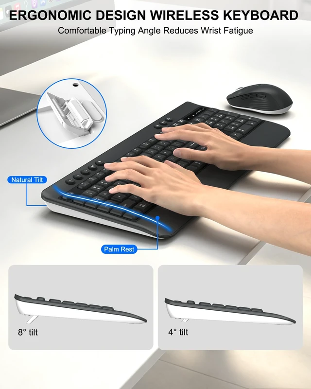 Alt view image 3 of 7 - Wireless Keyboard and Mouse Combo, Full Size Quiet Ergonomic, Darkgray | Silent ergonomic keyboard with palm rest, 3-Level DPI Quiet Optical Mouse, 2.4G USB Receiver for Mac Windows PC Laptop