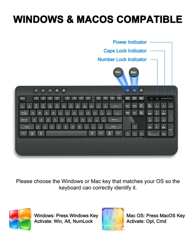 Alt view image 2 of 7 - Wireless Keyboard and Mouse Combo, Full Size Quiet Ergonomic, Darkgray | Silent ergonomic keyboard with palm rest, 3-Level DPI Quiet Optical Mouse, 2.4G USB Receiver for Mac Windows PC Laptop