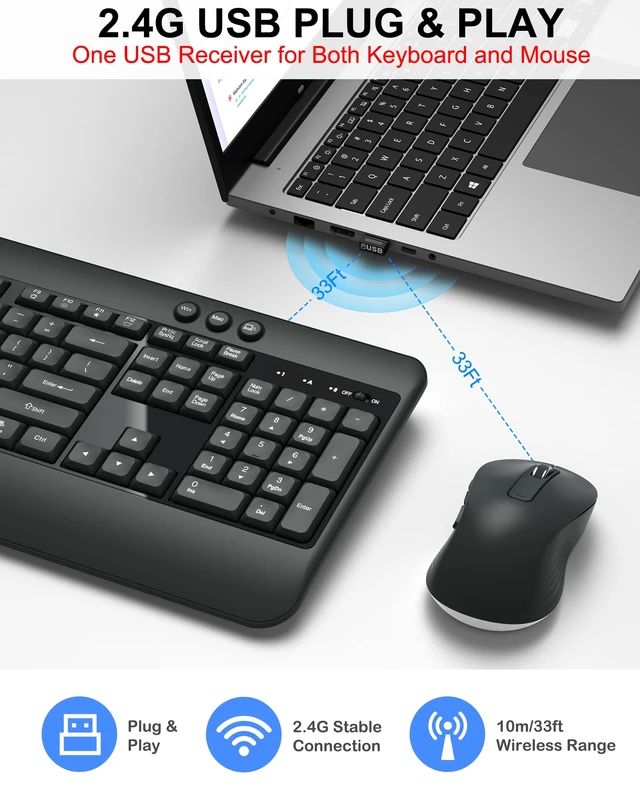 Alt view image 6 of 7 - Wireless Keyboard and Mouse Combo, Full Size Quiet Ergonomic, Darkgray | Silent ergonomic keyboard with palm rest, 3-Level DPI Quiet Optical Mouse, 2.4G USB Receiver for Mac Windows PC Laptop