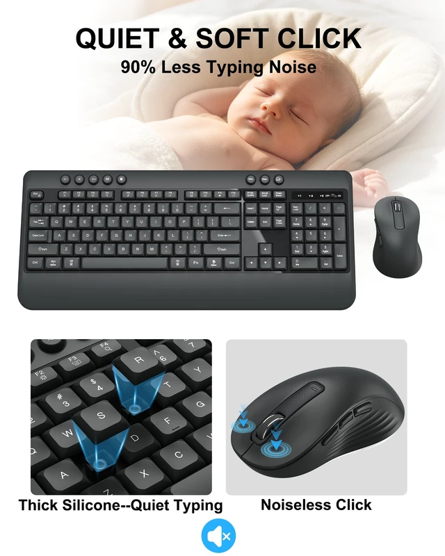 Alt view image 4 of 7 - Wireless Keyboard and Mouse Combo, Full Size Quiet Ergonomic, Darkgray | Silent ergonomic keyboard with palm rest, 3-Level DPI Quiet Optical Mouse, 2.4G USB Receiver for Mac Windows PC Laptop