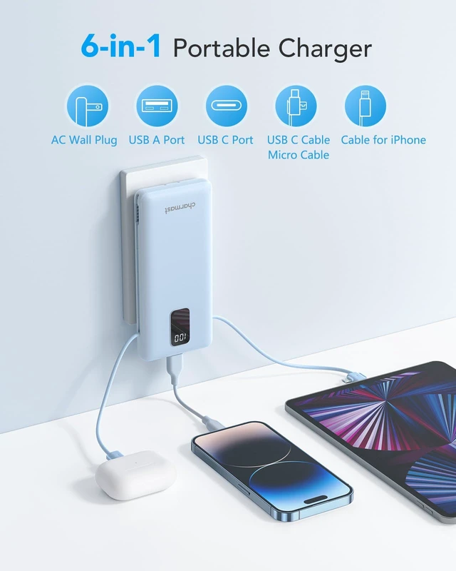 Alt view image 2 of 7 - Portable Charger Power Bank Built in Cables,10000mAh Battery Pack | with AC Wall Plug,LED Display & 5 Outputs,Travel Camping Essentials Slim External Phone Charger for iPhone,Samsung,Android