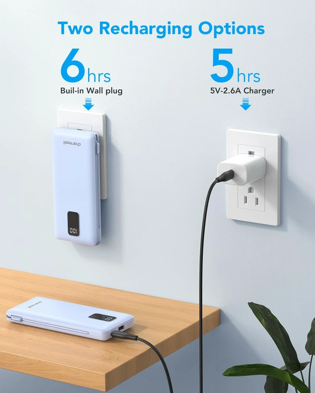 Alt view image 6 of 7 - Portable Charger Power Bank Built in Cables,10000mAh Battery Pack | with AC Wall Plug,LED Display & 5 Outputs,Travel Camping Essentials Slim External Phone Charger for iPhone,Samsung,Android
