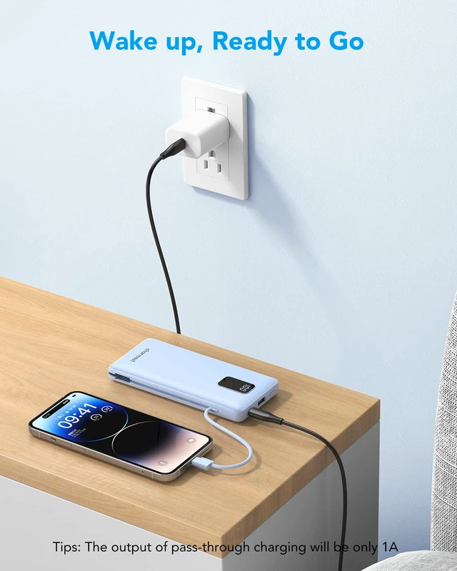 Alt view image 7 of 7 - Portable Charger Power Bank Built in Cables,10000mAh Battery Pack | with AC Wall Plug,LED Display & 5 Outputs,Travel Camping Essentials Slim External Phone Charger for iPhone,Samsung,Android