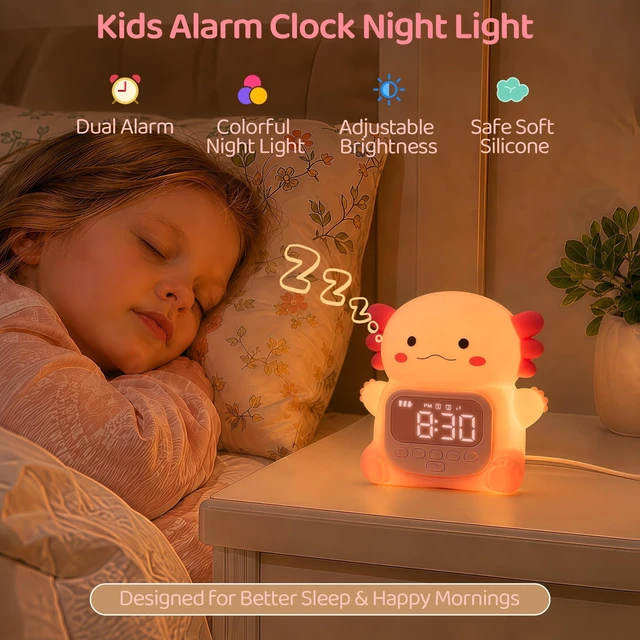 Alt view image 2 of 7 - Alarm Clock for Kids, Cute Night Light Toddler Alarm Clocks, Pink | Kids Small Digital Clock for Bedroom Bedside, Dual Alarm, Multicolor Night Light, LED Desk Clock Gift for Boys and Girls