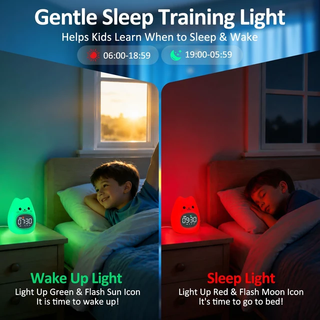 Alt view image 3 of 7 - Cat Kids Alarm Clock with Night Light, OK to Wake Clock for Toddler | Cute Digital Clock for Bedroom Bedside, Dual Alarm, Multicolor Night Light, White Noise, Desk Clock Gift for Boys and Girls