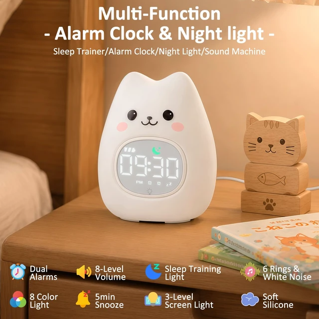 Alt view image 2 of 7 - Cat Kids Alarm Clock with Night Light, OK to Wake Clock for Toddler | Cute Digital Clock for Bedroom Bedside, Dual Alarm, Multicolor Night Light, White Noise, Desk Clock Gift for Boys and Girls