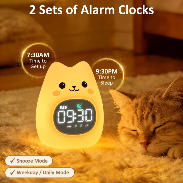 Alt view image 4 of 7 - Cat Kids Alarm Clock with Night Light, OK to Wake Clock for Toddler | Cute Digital Clock for Bedroom Bedside, Dual Alarm, Multicolor Night Light, White Noise, Desk Clock Gift for Boys and Girls