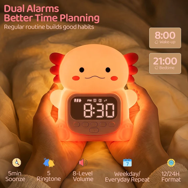 Alt view image 3 of 7 - Alarm Clock for Kids, Cute Night Light Toddler Alarm Clocks, Pink | Kids Small Digital Clock for Bedroom Bedside, Dual Alarm, Multicolor Night Light, LED Desk Clock Gift for Boys and Girls