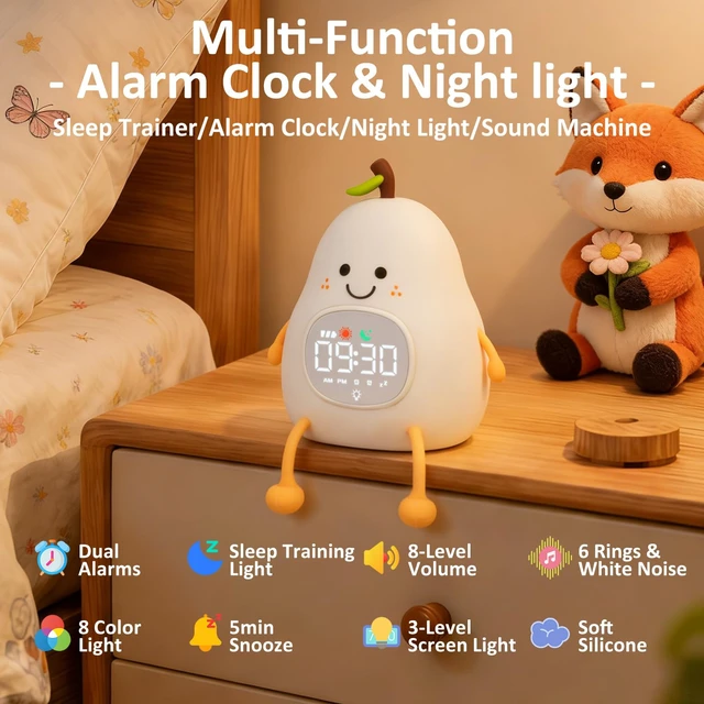 Alt view image 2 of 7 - Pear Kids Alarm Clock with Night Light, OK to Wake Clock for Toddler | Cute Digital Clock for Bedroom Bedside, Dual Alarm, Multicolor Night Light, White Noise, Desk Clock Gift for Boys and Girls