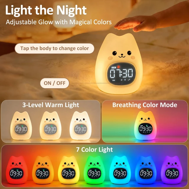 Alt view image 5 of 7 - Cat Kids Alarm Clock with Night Light, OK to Wake Clock for Toddler | Cute Digital Clock for Bedroom Bedside, Dual Alarm, Multicolor Night Light, White Noise, Desk Clock Gift for Boys and Girls