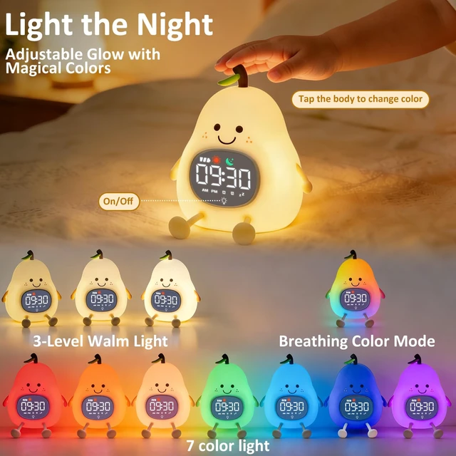 Alt view image 5 of 7 - Pear Kids Alarm Clock with Night Light, OK to Wake Clock for Toddler | Cute Digital Clock for Bedroom Bedside, Dual Alarm, Multicolor Night Light, White Noise, Desk Clock Gift for Boys and Girls