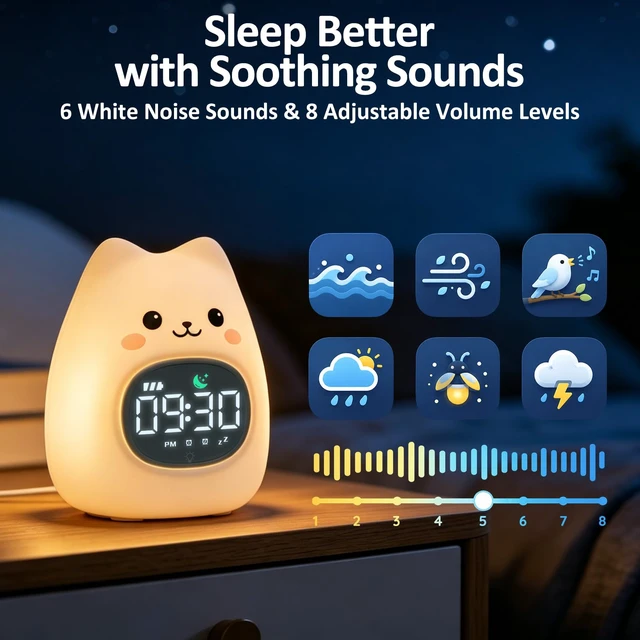 Alt view image 6 of 7 - Cat Kids Alarm Clock with Night Light, OK to Wake Clock for Toddler | Cute Digital Clock for Bedroom Bedside, Dual Alarm, Multicolor Night Light, White Noise, Desk Clock Gift for Boys and Girls