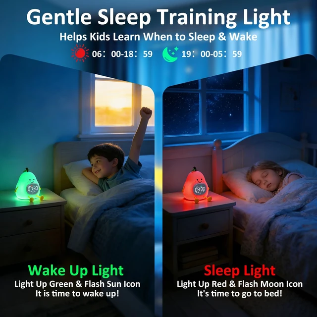 Alt view image 3 of 7 - Pear Kids Alarm Clock with Night Light, OK to Wake Clock for Toddler | Cute Digital Clock for Bedroom Bedside, Dual Alarm, Multicolor Night Light, White Noise, Desk Clock Gift for Boys and Girls