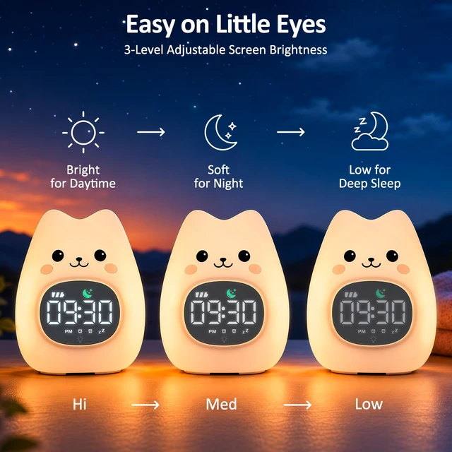 Alt view image 7 of 7 - Cat Kids Alarm Clock with Night Light, OK to Wake Clock for Toddler | Cute Digital Clock for Bedroom Bedside, Dual Alarm, Multicolor Night Light, White Noise, Desk Clock Gift for Boys and Girls
