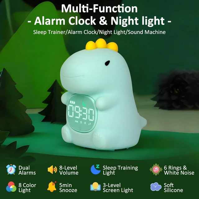 Alt view image 2 of 7 - Dinosaur Kids Alarm Clock with Night Light, OK to Wake Clock for Toddler | Cute Digital Clock for Bedroom Bedside, Dual Alarm, Multicolor Night Light, White Noise, Desk Clock Gift for Boys and Girls