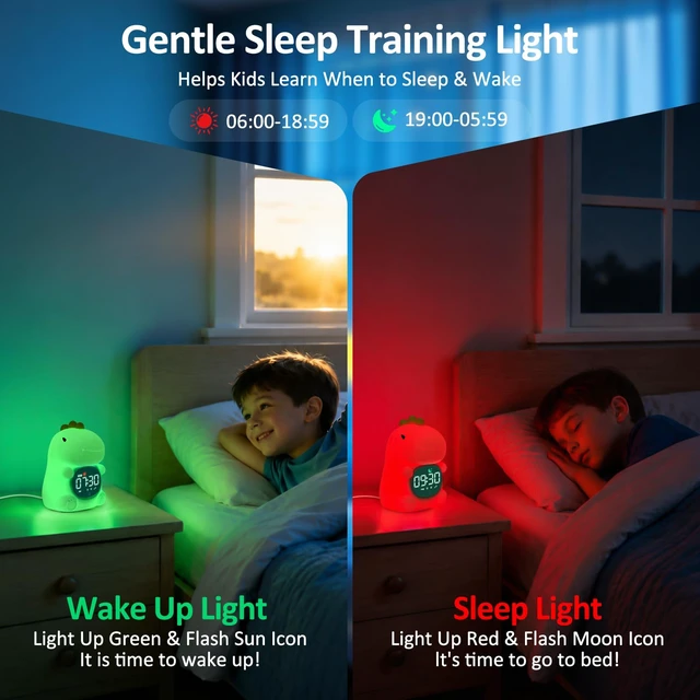 Alt view image 3 of 7 - Dinosaur Kids Alarm Clock with Night Light, OK to Wake Clock for Toddler | Cute Digital Clock for Bedroom Bedside, Dual Alarm, Multicolor Night Light, White Noise, Desk Clock Gift for Boys and Girls