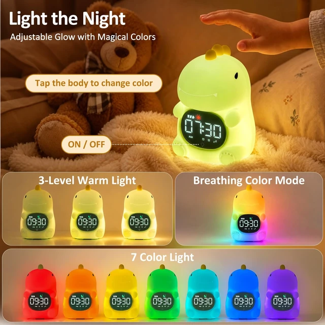 Alt view image 5 of 7 - Dinosaur Kids Alarm Clock with Night Light, OK to Wake Clock for Toddler | Cute Digital Clock for Bedroom Bedside, Dual Alarm, Multicolor Night Light, White Noise, Desk Clock Gift for Boys and Girls