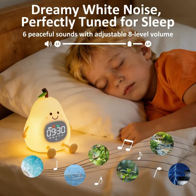 Alt view image 6 of 7 - Pear Kids Alarm Clock with Night Light, OK to Wake Clock for Toddler | Cute Digital Clock for Bedroom Bedside, Dual Alarm, Multicolor Night Light, White Noise, Desk Clock Gift for Boys and Girls