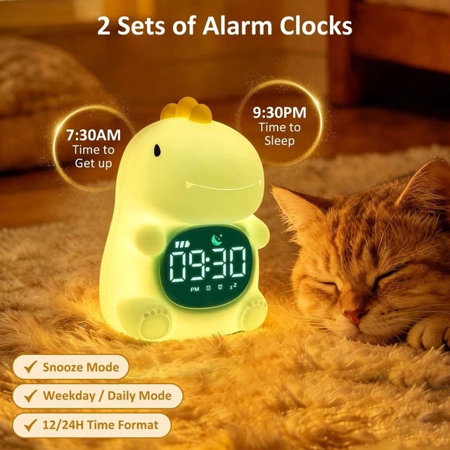 Alt view image 4 of 7 - Dinosaur Kids Alarm Clock with Night Light, OK to Wake Clock for Toddler | Cute Digital Clock for Bedroom Bedside, Dual Alarm, Multicolor Night Light, White Noise, Desk Clock Gift for Boys and Girls