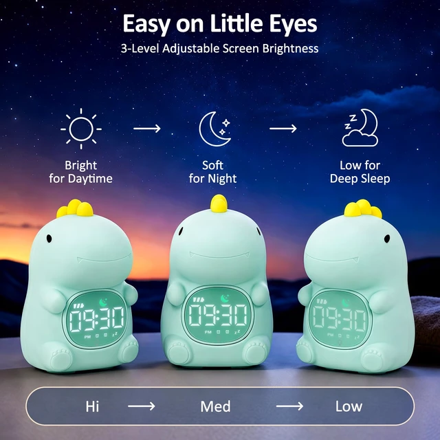 Alt view image 7 of 7 - Dinosaur Kids Alarm Clock with Night Light, OK to Wake Clock for Toddler | Cute Digital Clock for Bedroom Bedside, Dual Alarm, Multicolor Night Light, White Noise, Desk Clock Gift for Boys and Girls