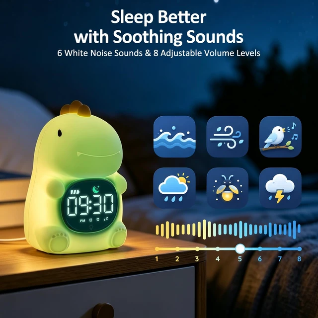 Alt view image 6 of 7 - Dinosaur Kids Alarm Clock with Night Light, OK to Wake Clock for Toddler | Cute Digital Clock for Bedroom Bedside, Dual Alarm, Multicolor Night Light, White Noise, Desk Clock Gift for Boys and Girls