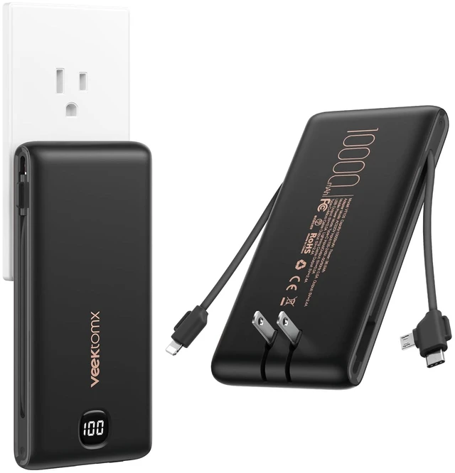 Main image of Portable Charger with Built-in Cables and AC Wall Plug, 10000mAh | Pocket-Size Travel Power Bank with USB-C and Micro-USB Cables for up to 4 Devices Including iPhone, iPad, Samsung, jet black