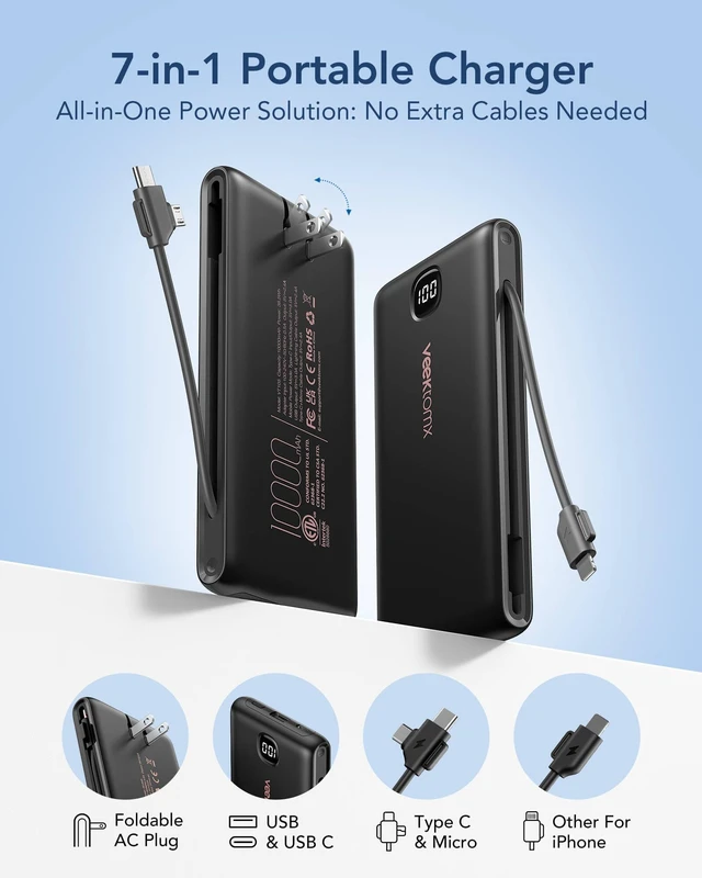 Alt view image 4 of 7 - Portable Charger with Built-in Cables and AC Wall Plug, 10000mAh | Pocket-Size Travel Power Bank with USB-C and Micro-USB Cables for up to 4 Devices Including iPhone, iPad, Samsung, jet black