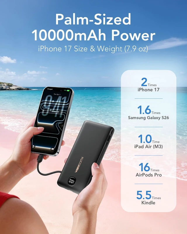 Alt view image 5 of 7 - Portable Charger with Built-in Cables and AC Wall Plug, 10000mAh | Pocket-Size Travel Power Bank with USB-C and Micro-USB Cables for up to 4 Devices Including iPhone, iPad, Samsung, jet black
