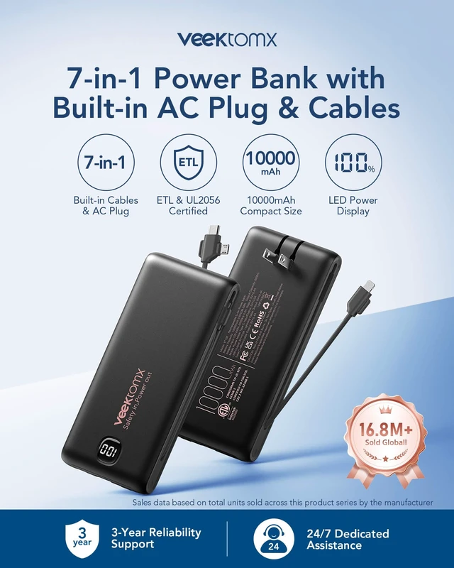 Alt view image 2 of 7 - Portable Charger with Built-in Cables and AC Wall Plug, 10000mAh | Pocket-Size Travel Power Bank with USB-C and Micro-USB Cables for up to 4 Devices Including iPhone, iPad, Samsung, jet black