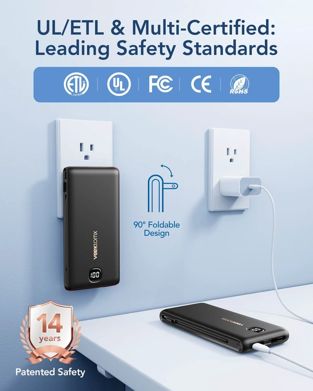Alt view image 6 of 7 - Portable Charger with Built-in Cables and AC Wall Plug, 10000mAh | Pocket-Size Travel Power Bank with USB-C and Micro-USB Cables for up to 4 Devices Including iPhone, iPad, Samsung, jet black