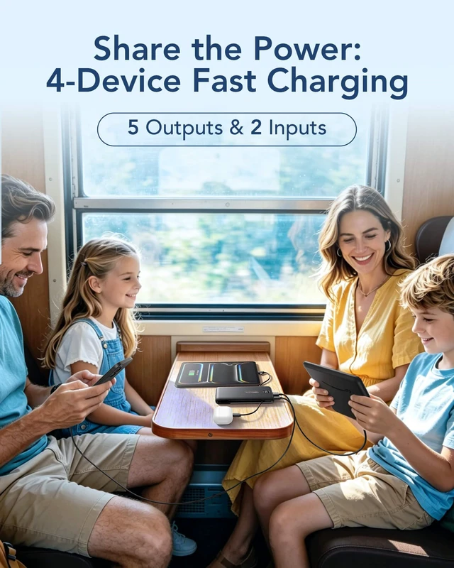 Alt view image 7 of 7 - Portable Charger with Built-in Cables and AC Wall Plug, 10000mAh | Pocket-Size Travel Power Bank with USB-C and Micro-USB Cables for up to 4 Devices Including iPhone, iPad, Samsung, jet black