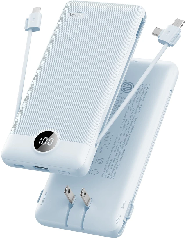 Main image of Portable Charger, Power Bank Built-in Cables and AC Wall Plug | USB C Power Bank 10000mAh, Travel Essentials Phone Charger Compact External Battery Pack For Smart Phones, Tablets etc-Blue