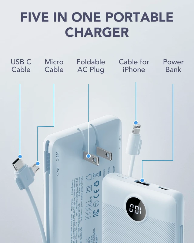 Alt view image 3 of 7 - Portable Charger, Power Bank Built-in Cables and AC Wall Plug | USB C Power Bank 10000mAh, Travel Essentials Phone Charger Compact External Battery Pack For Smart Phones, Tablets etc-Blue