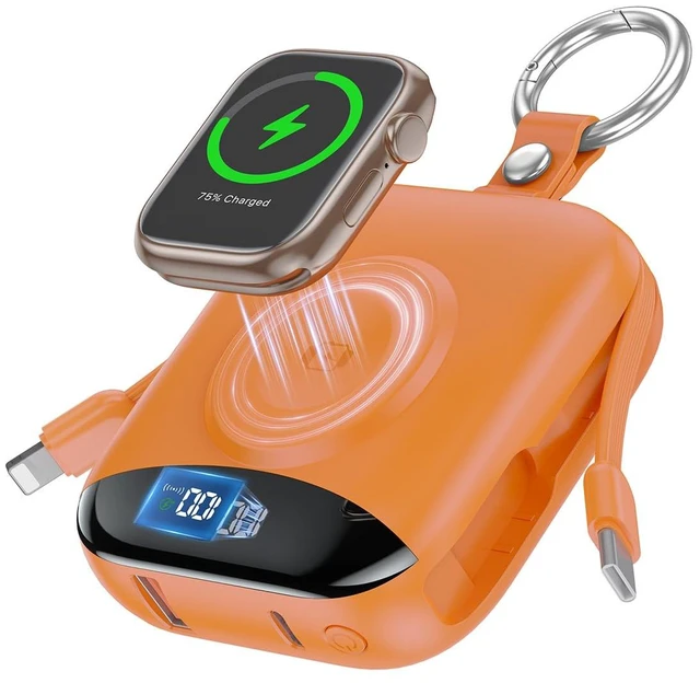 Main image of Portable Charger 10000mAh w/Built-in Cables & iWatch Charger Orange | Fast charging, Built-in cables, LED display, Charge 5 devices at once, Ring buckle, TSA approved, Pocket size, Charge iWatch