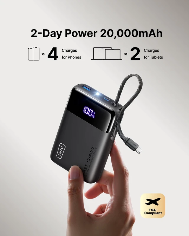 Alt view image 4 of 7 - Portable Charger, Smaller 45W Fast Charging Power Bank, 20000mAh Black | Flight-Safe, Built in USB-C Cable, Travel Essential, Battery Phone Pack for iPhone 18 17 16 Pro, Samsung S26, iPad etc