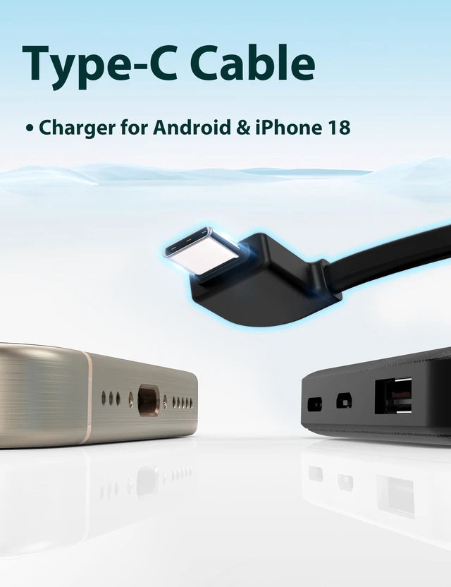 Alt view image 6 of 7 - 6000mah Ultra Slim Power Bank, Card Size, Deep Black | Built in Cables, USB C Cords, Travel Essential, Battery Pack Portable Charger for Phones, 3 Output, Compatible with iPhone