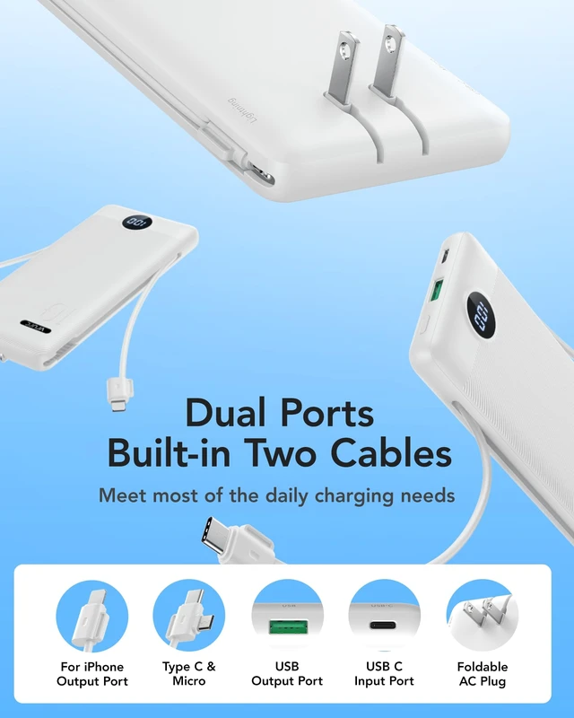 Alt view image 2 of 7 - 10000mAh Portable Phone Charger, Built-in AC Plug & Cables, White | 22.5W fast charging, LED display, built-in Micro/USB-C/Phone cables, airline approved travel accessory,8 oz