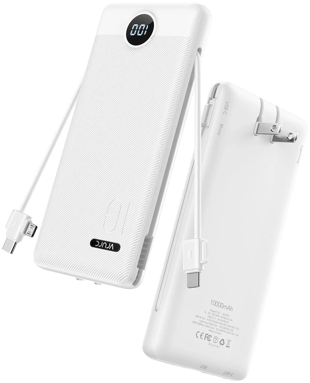 Main image of 10000mAh Portable Phone Charger, Built-in AC Plug & Cables, White | 22.5W fast charging, LED display, built-in Micro/USB-C/Phone cables, airline approved travel accessory,8 oz