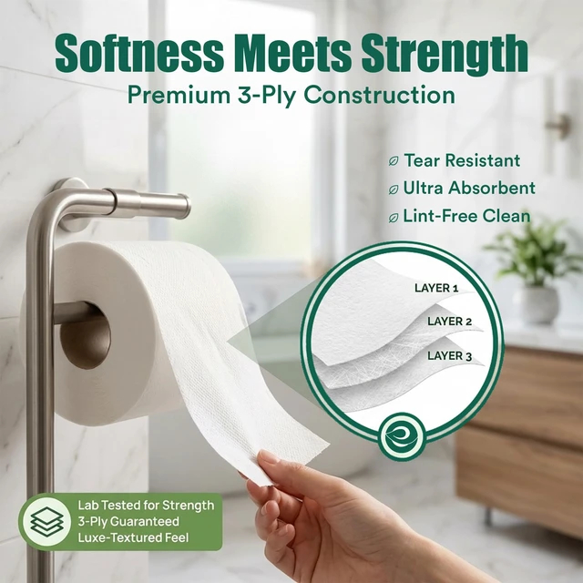 Alt view image 3 of 7 - 3 Ply Bamboo Toilet Paper, 12 Mega Rolls, 300 Sheets Each | 3 Ply, FSC Certified Bamboo, Soft, Hypoallergenic, Septic-Safe, Chemical & Dye Free, Eco-Friendly, 300 Sheets/Roll