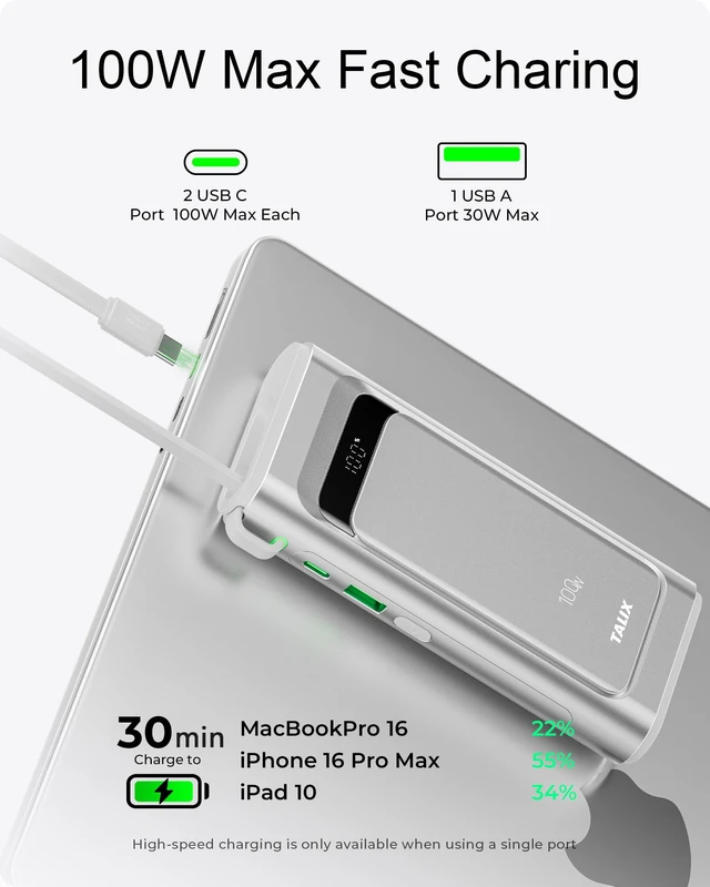 Alt view image 2 of 7 - Portable Charger 100W, 10000mAh Power Bank with Built-in USB-C Cable | 3-Port Fast Charging Battery Pack for iPhone Duo/18 Pro/17/16/15 Series, Galaxy, iPad, Steam Deck, Travel Essentials