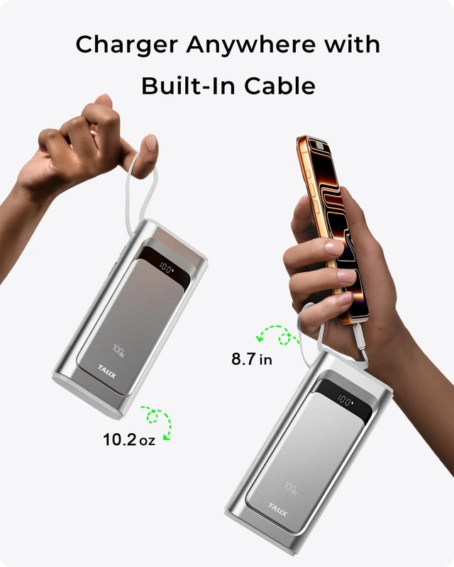 Alt view image 5 of 7 - Portable Charger 100W, 10000mAh Power Bank with Built-in USB-C Cable | 3-Port Fast Charging Battery Pack for iPhone Duo/18 Pro/17/16/15 Series, Galaxy, iPad, Steam Deck, Travel Essentials