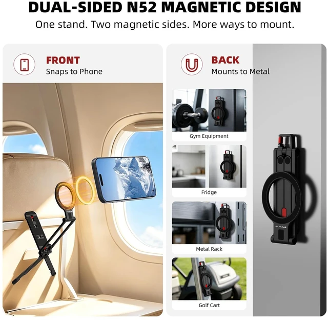 Alt view image 3 of 7 - Phone Stand for , Mini Tripod for iPhone 18 17 16 | Dual-Sided N52 Magnetic Design, Multi-Axis Adjustment, 95g Aluminum Body, Carabiner Hook, 1/4" Thread for Gym & Travel
