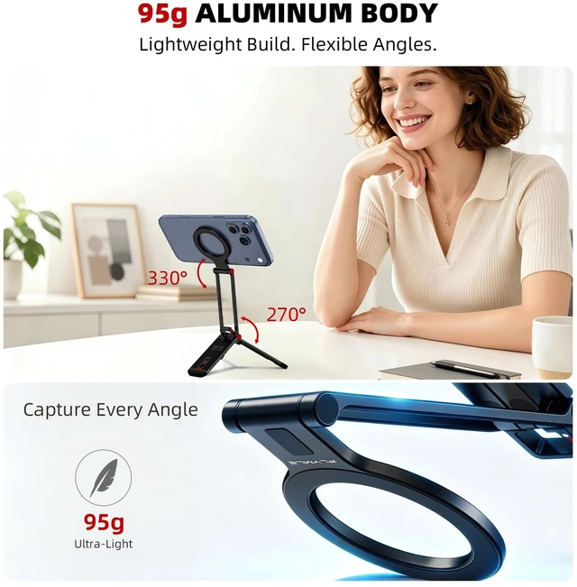 Alt view image 6 of 7 - Phone Stand for , Mini Tripod for iPhone 18 17 16 | Dual-Sided N52 Magnetic Design, Multi-Axis Adjustment, 95g Aluminum Body, Carabiner Hook, 1/4" Thread for Gym & Travel