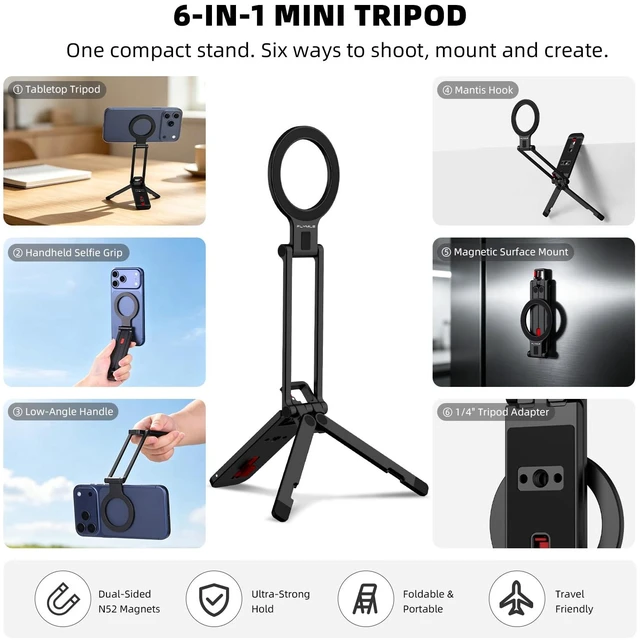 Alt view image 2 of 7 - Phone Stand for , Mini Tripod for iPhone 18 17 16 | Dual-Sided N52 Magnetic Design, Multi-Axis Adjustment, 95g Aluminum Body, Carabiner Hook, 1/4" Thread for Gym & Travel
