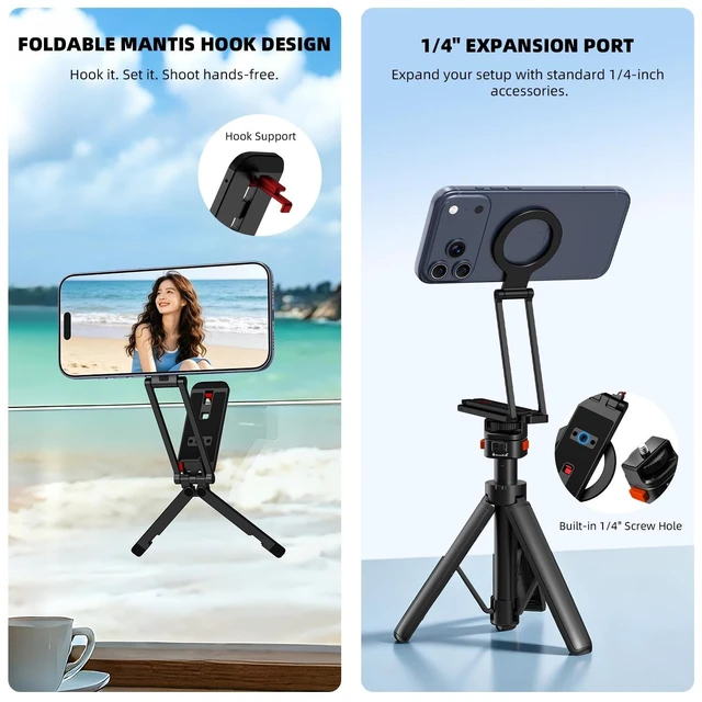 Alt view image 4 of 7 - Phone Stand for , Mini Tripod for iPhone 18 17 16 | Dual-Sided N52 Magnetic Design, Multi-Axis Adjustment, 95g Aluminum Body, Carabiner Hook, 1/4" Thread for Gym & Travel