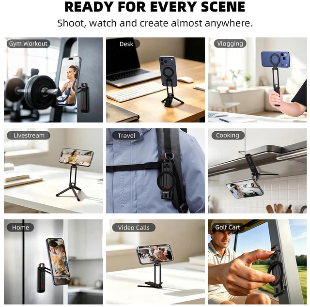 Alt view image 5 of 7 - Phone Stand for , Mini Tripod for iPhone 18 17 16 | Dual-Sided N52 Magnetic Design, Multi-Axis Adjustment, 95g Aluminum Body, Carabiner Hook, 1/4" Thread for Gym & Travel