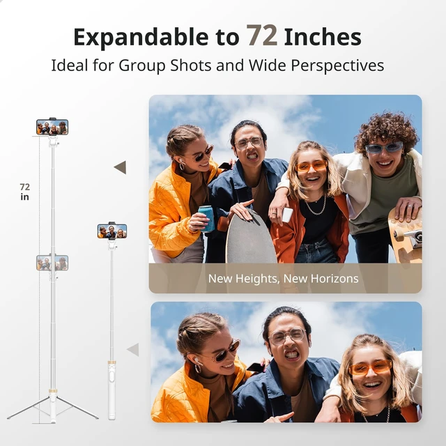 Alt view image 3 of 6 - 72" Phone Tripod, Extendable for iPhone & Selfie Stick with Detachable Phone Holder & Wireless Remote, Compatible with All Cell Phones, Camera (White)